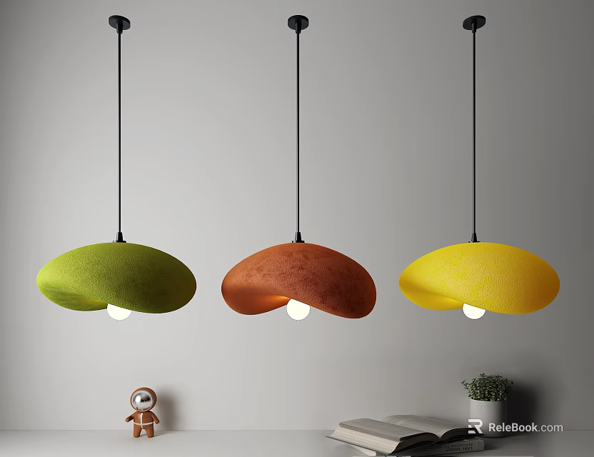 Green Brown Yellow Dome Shaped Pendant Lights Hanging with Toy Figure Books and Potted Plant 3d model 