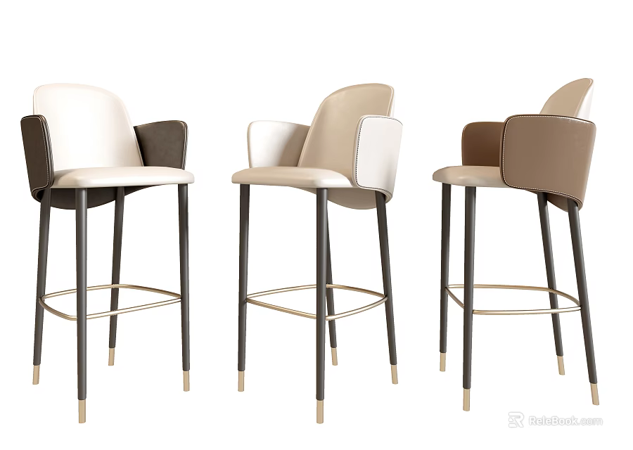 Modern Bar Stools with Arms Upholstered Seats and Metal Legs in Neutral Tones 3d model 