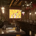 Modern Bar Interior With Dining Tables Wine Glasses Large Screen And Decorative Chandeliers