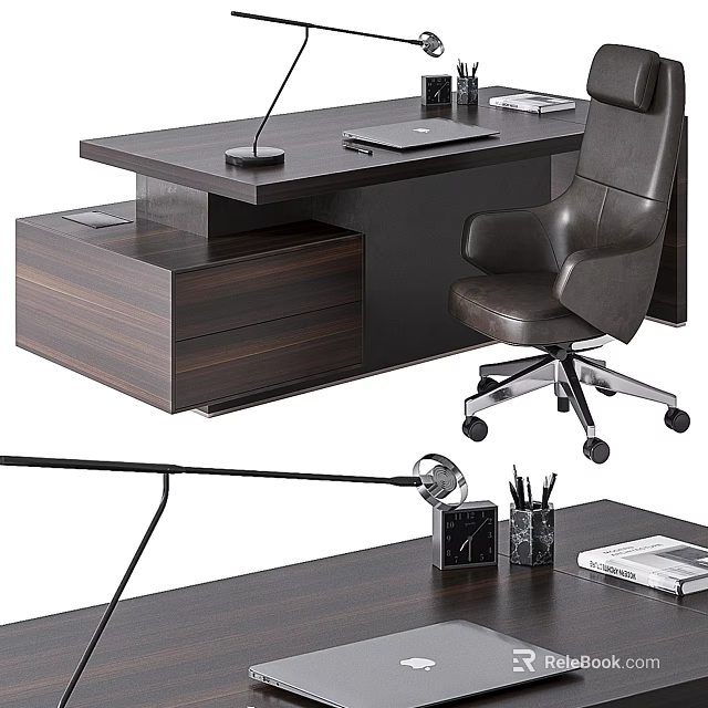 Modern Wooden Office Desk with Ergonomic Leather Chair Laptop Desk Lamp Pencil Holder and Documents 3d model 