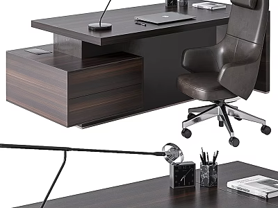 Modern Wooden Office Desk with Ergonomic Leather Chair Laptop Desk Lamp Pencil Holder and Documents 3d model