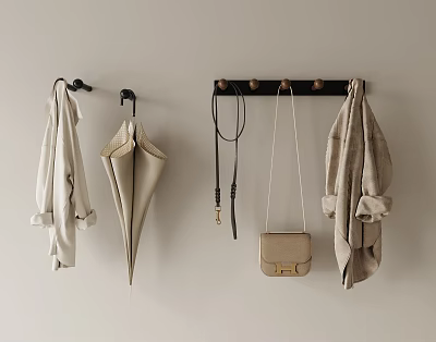 Minimalist Beige Wall with Black Hooks Hanging Coat Umbrella Necklace Handbag 3d model
