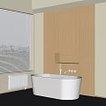 Modern Bathroom Interior With White Freestanding Bathtub Light Wooden Cabinets And Window