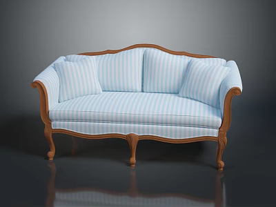 Classic Blue And White Striped Sofa With Wooden Arms And Curved Legs 3d model