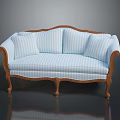 Classic Blue And White Striped Sofa With Wooden Arms And Curved Legs