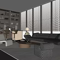 Modern Elegant Living Room with Black Sofa White Armchair Coffee Table Large Windows Scenic View