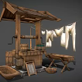 Garden Ornament Display Featuring Wooden Roofed Structure Clothesline White Clothes Buckets Basin And Bench