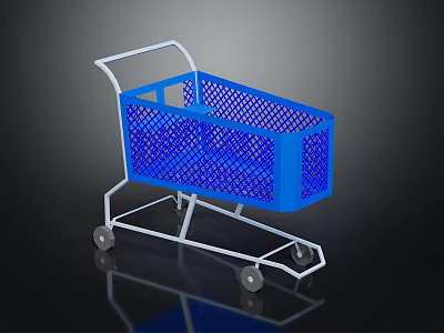 Blue Shopping Cart With White Frame Mesh Design And Wheels On Black Background 3d model