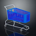 Blue Shopping Cart With White Frame Mesh Design And Wheels On Black Background