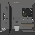 Modern Bathroom Interior With Glass Shower Round Mirror Wooden Vanity White Toilet And Green Plant