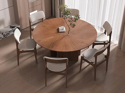 Modern Interior With Round Wooden Dining Table Four Chairs And Potted Plant 3d model