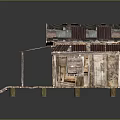 Rustic Wooden House With Multiple Metal Roofs And Elevated Wooden Deck On Stilts