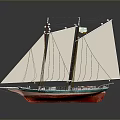 Detailed Sailboat Model With Two Masts White Sails Green And Red Hull On Reflective Surface