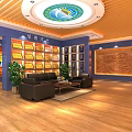 Cultural Exhibition Hall Interior With Display Boards Shelves Green Plants And Seats