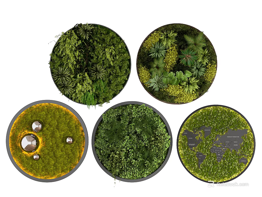 Circular Living Plant Wall Multiple Designs With Mixed Greenery For Interior Decoration 3d model