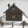 Traditional European Log Architecture Featuring Gabled Roof Snow Covered Icicles Wooden Fence And Decorative Windows
