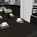 Modern Kitchen Interior With White Black Cabinets Island Counter Bar Stools And Dining Chairs