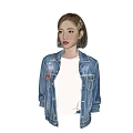 Stylish Woman With Short Hair Wearing Denim Jacket Decorated With Badges And White Shirt