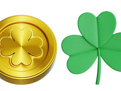 Decorative Ornament Set with Golden Four Leaf Clover Coin and Green Three Leaf Clover 3d model