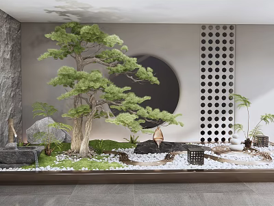 Japanese Dry Landscape Garden With Pine Tree Circular Window Perforated Wall And Mossy Gravel 3d model