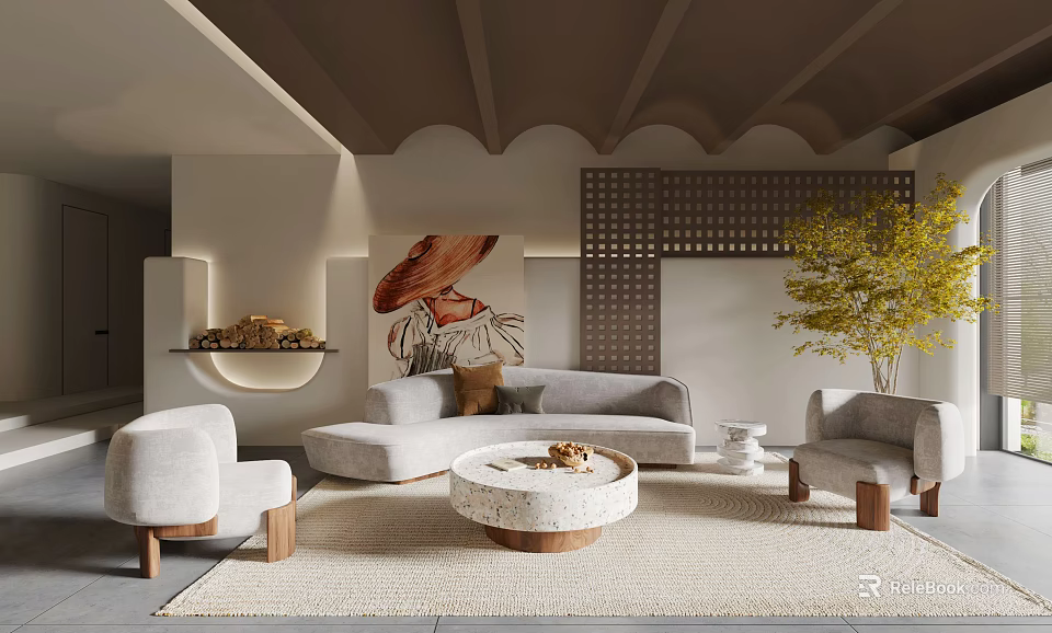 Modern Living Room Interior With Grey Sofa Round Coffee Table Artwork And Green Plant 3d model 