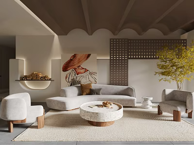 Modern Living Room Interior With Grey Sofa Round Coffee Table Artwork And Green Plant 3d model