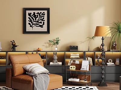 Brown Leather Single Sofa Living Room with Floor Lamp Wall Art Decorative Shelves Checkered Rug 3d model