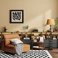 Brown Leather Single Sofa Living Room with Floor Lamp Wall Art Decorative Shelves Checkered Rug