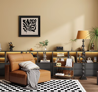 Brown Leather Single Sofa Living Room with Floor Lamp Wall Art Decorative Shelves Checkered Rug 3d model