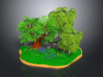 Colorful Cartoon Scene with Lush Green Trees Brown Trunk Grass Flowers and Rocks 3d model