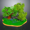 Colorful Cartoon Scene with Lush Green Trees Brown Trunk Grass Flowers and Rocks