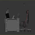 Home Office Computer Desk With Monitor Headphones Speakers Keyboard Mouse And Chair