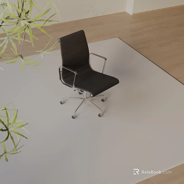 Modern Black Leather Office Chair With Metal Frame Wheels And Green Plants 3d model 