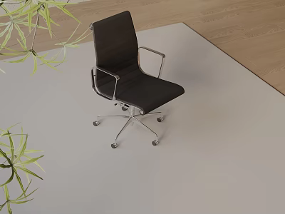 Modern Black Leather Office Chair With Metal Frame Wheels And Green Plants 3d model