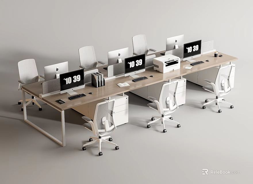 Modern Office Desks With Multiple Workstations Computers Digital Time Displays And Ergonomic Chairs 3d model 
