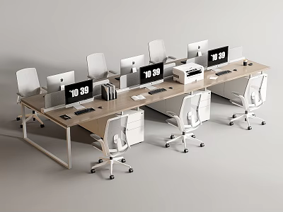 Modern Office Desks With Multiple Workstations Computers Digital Time Displays And Ergonomic Chairs 3d model