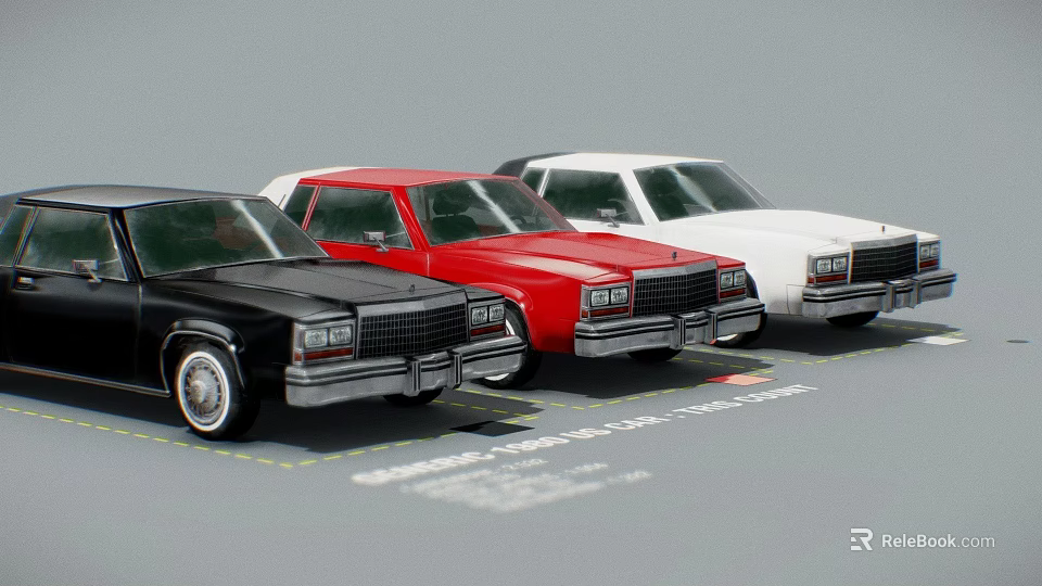 Black red and white model cars parked side by side on gray surface 3d model