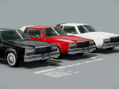 Black red and white model cars parked side by side on gray surface 3d model