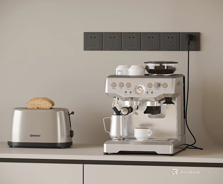 Silver Toaster And Coffee Machine On Kitchen Counter With Bread Cup And Milk Jug 3d model 