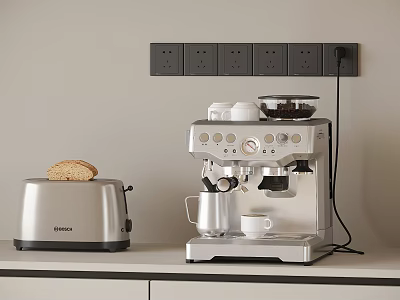 Silver Toaster And Coffee Machine On Kitchen Counter With Bread Cup And Milk Jug 3d model