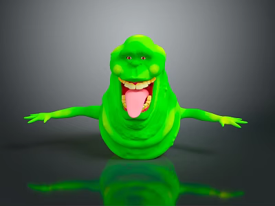 Green Slime Creature With Outstretched Arms Sticking Out Tongue Red Eyes Gray Background Floor Reflection 3d model