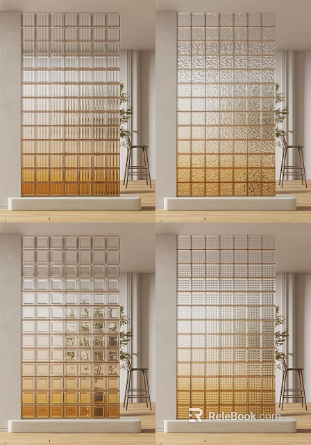 Decorative Glass Block Wall Designs With Grid Patterns And Plant Decor In Interior 3d model 