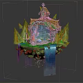 Cartoon Scene of Floating Island With Cottage Waterfalls Pine Trees And Blue Glowing Portal