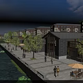 Traditional Style Commercial Street With Riverside Pedestrians Trees And Outdoor Seating