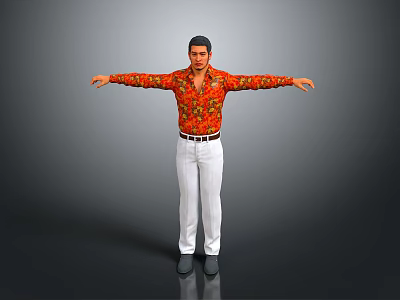 Man in Red Floral Shirt and White Pants with Arms Outstretched Against Gray Background 3d model