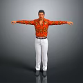 Man in Red Floral Shirt and White Pants with Arms Outstretched Against Gray Background