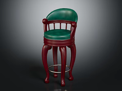 Elegant Bar Stool With Green Leather Seat And Dark Red Wooden Carved Legs 3d model