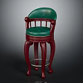 Elegant Bar Stool With Green Leather Seat And Dark Red Wooden Carved Legs