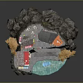 Cartoon Scene with Red and Orange Houses Stone Steps Blue Pool and Yellow Tree