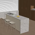 Modern Kitchen Bar Counter With Marble Top Wooden Stools Sink And Cabinets